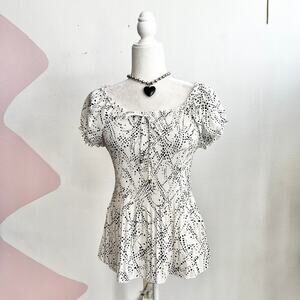 Vintage Y2K Polka Dot Crinkle Top‎ Retro 2000s Fairy Coquette Romantic Medium